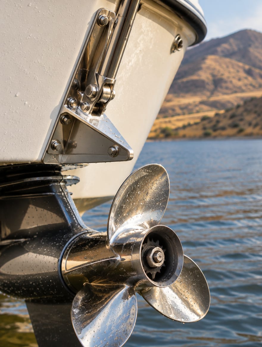 Close-up of stainless marine hardware and a propeller on a white hull