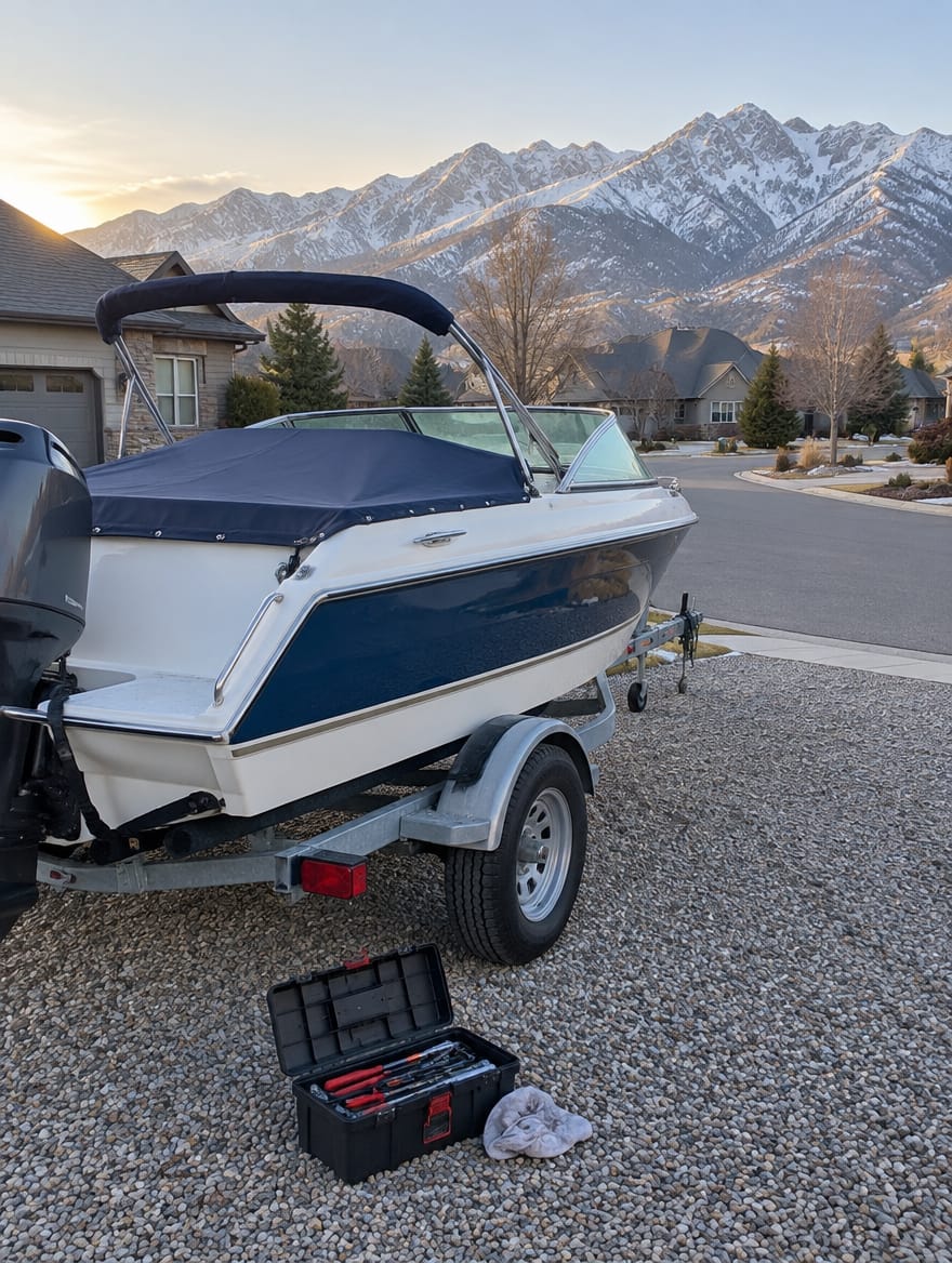A boat on a trailer in a driveway with the Wasatch mountains behind