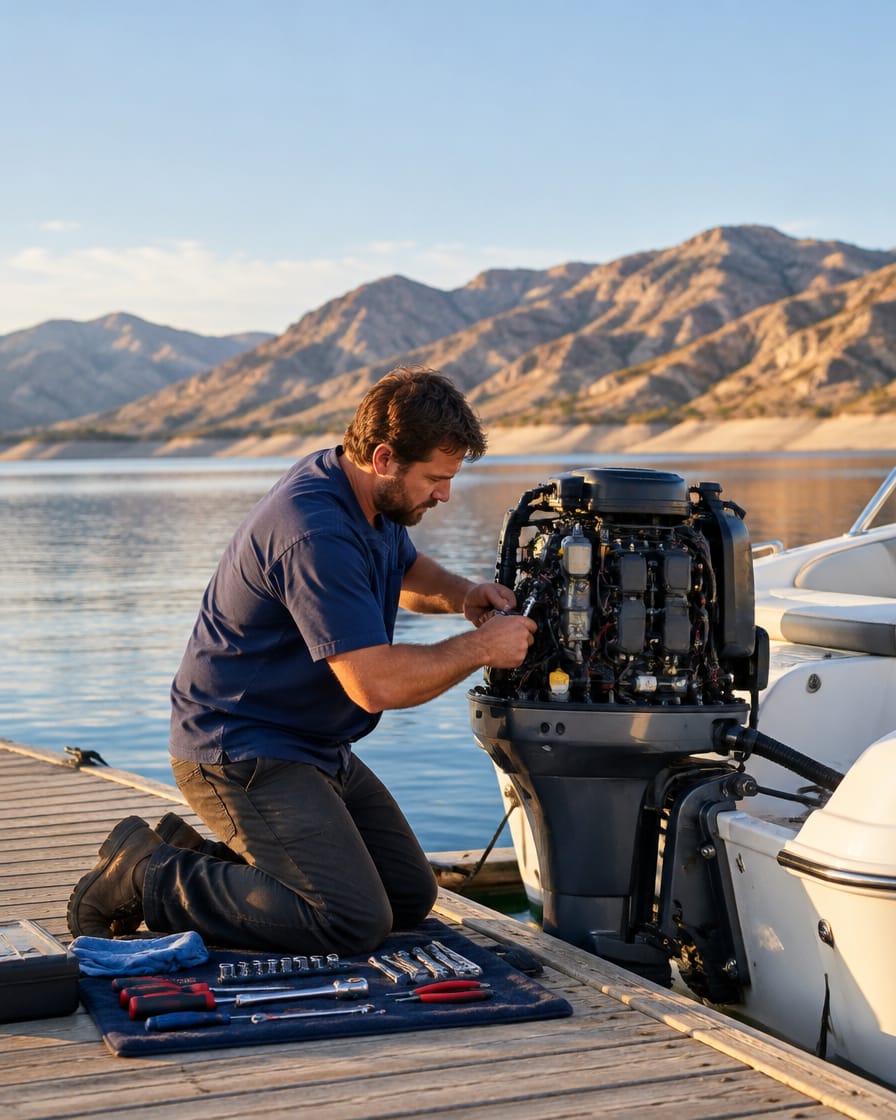 A marine technician servicing an outboard engine on a boat at a lake dock
