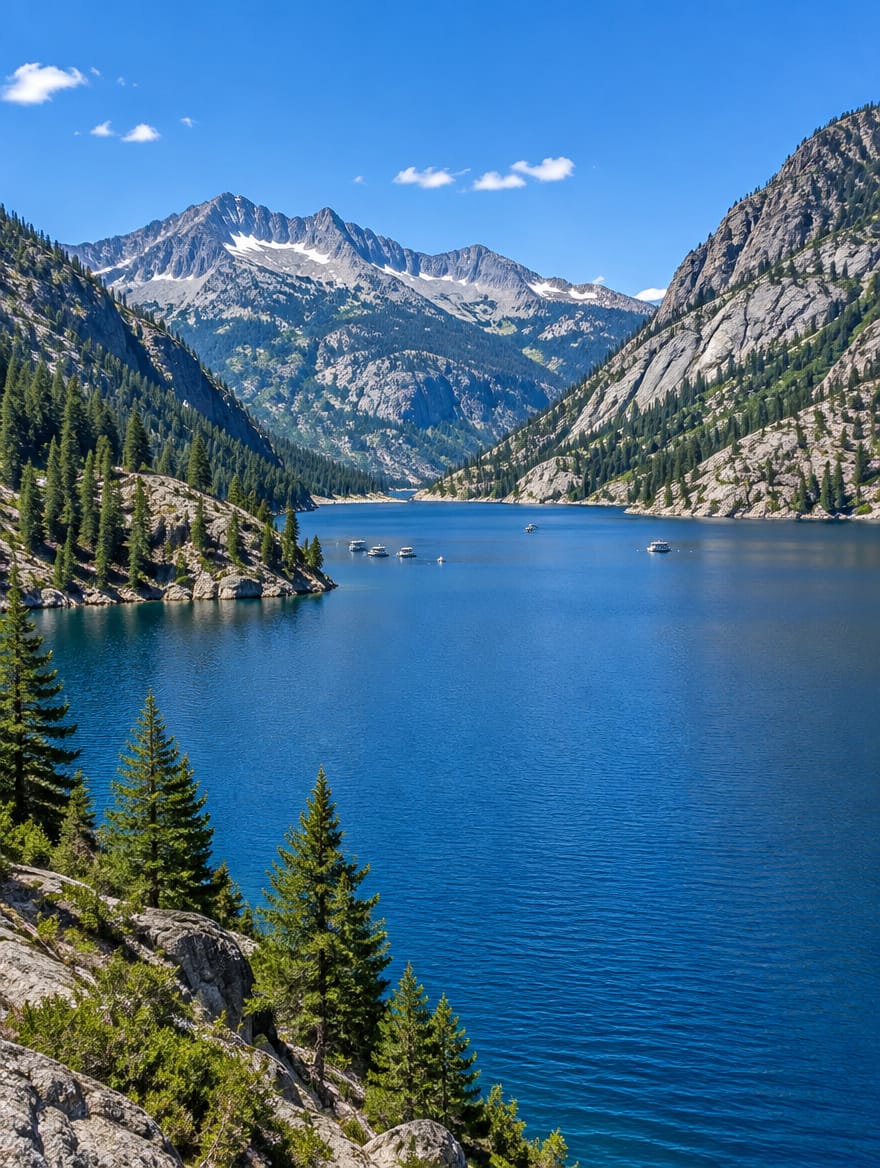 A wide Utah mountain reservoir under clear high-altitude light
